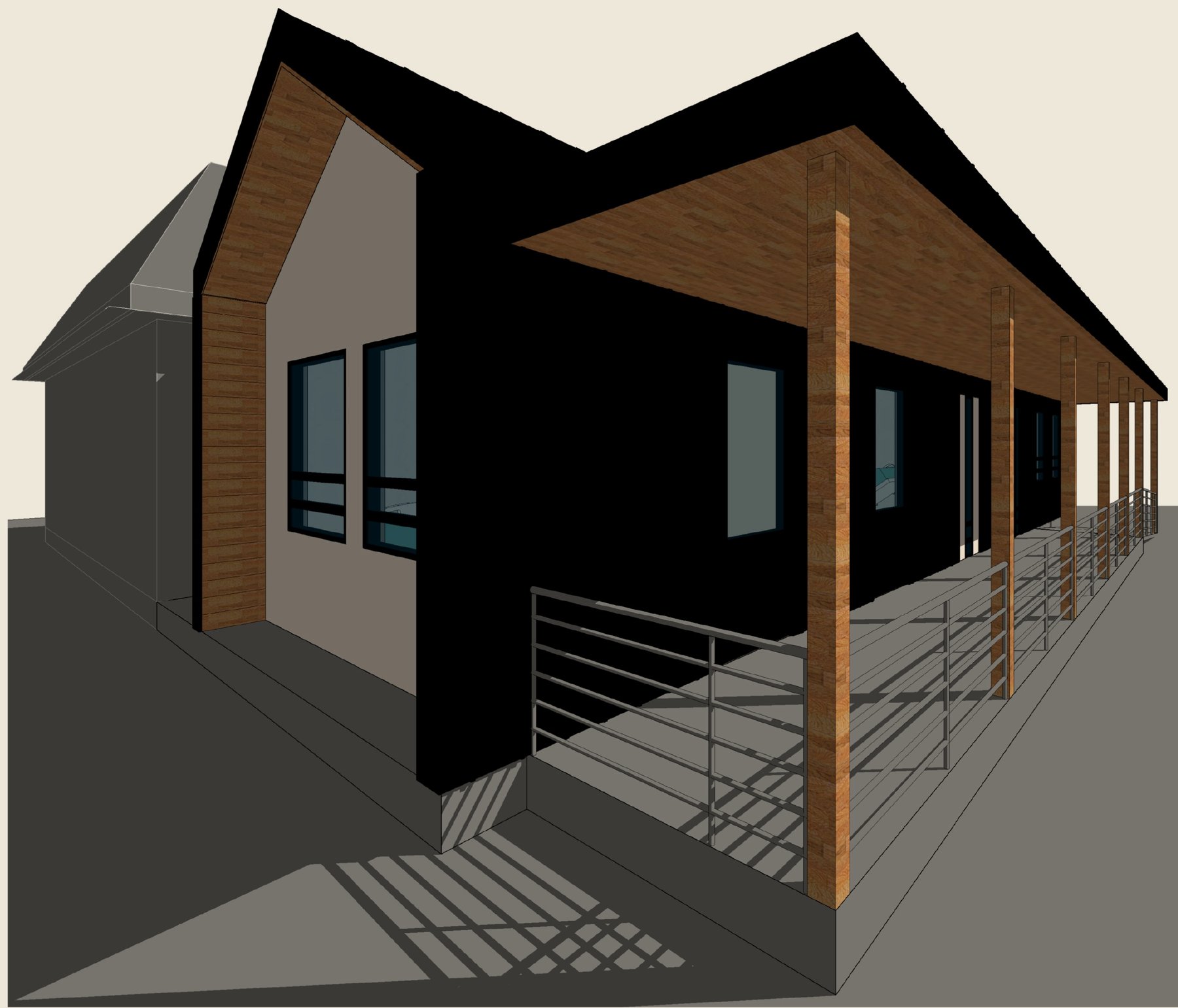 Rendering of a single-story charcoal addition with a warm wood porch soffit, deep covered deck, and metal railing, lit by low afternoon sun