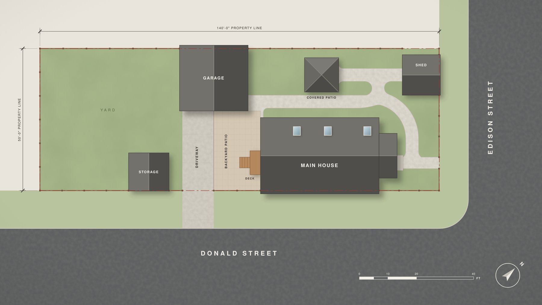 Site plan of the Edison Street, Graton property: a 140 by 50 foot lot showing the main house, garage, covered patio, deck, shed, storage building, driveway, yard, and the corners of Edison and Donald Streets