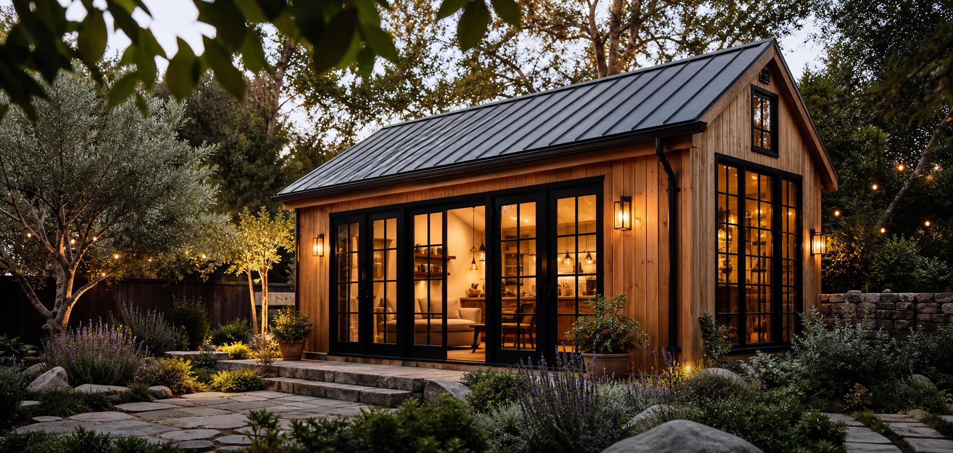 Detached backyard ADU with cedar siding, black steel windows and a warm glowing interior, set in a landscaped Northern California garden at dusk with string lights overhead