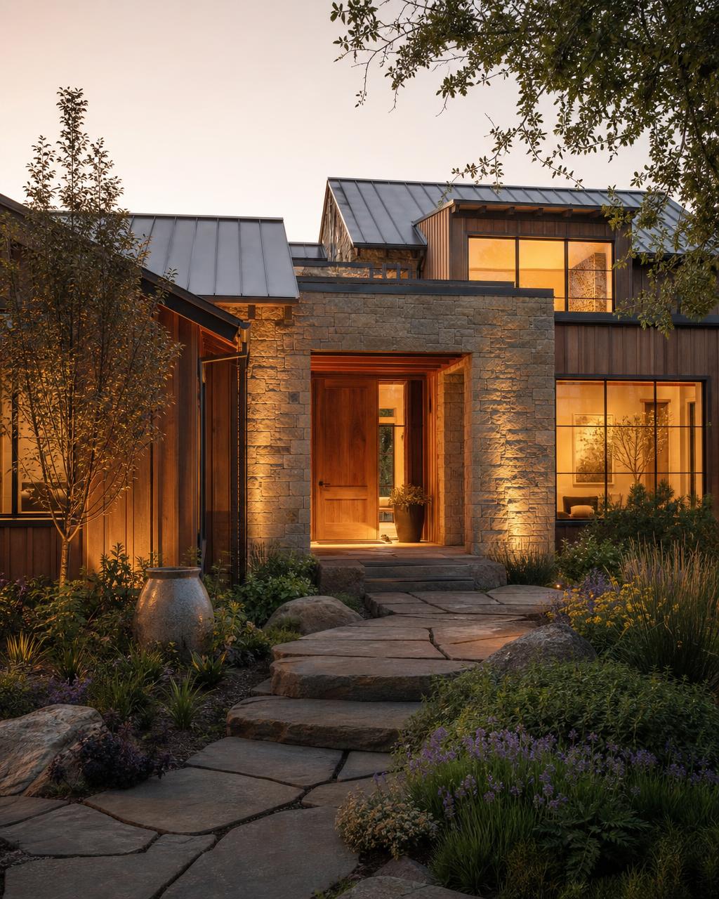 Modern home entry at dusk with warm light spilling from an open doorway, cedar and stone details, and a landscaped walkway leading to the door