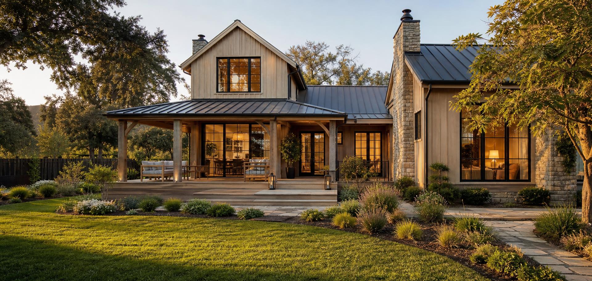 Freshly renovated modern farmhouse-style home exterior in a Marin County neighborhood at golden hour, with a standing seam metal roof, black steel windows and new landscaping