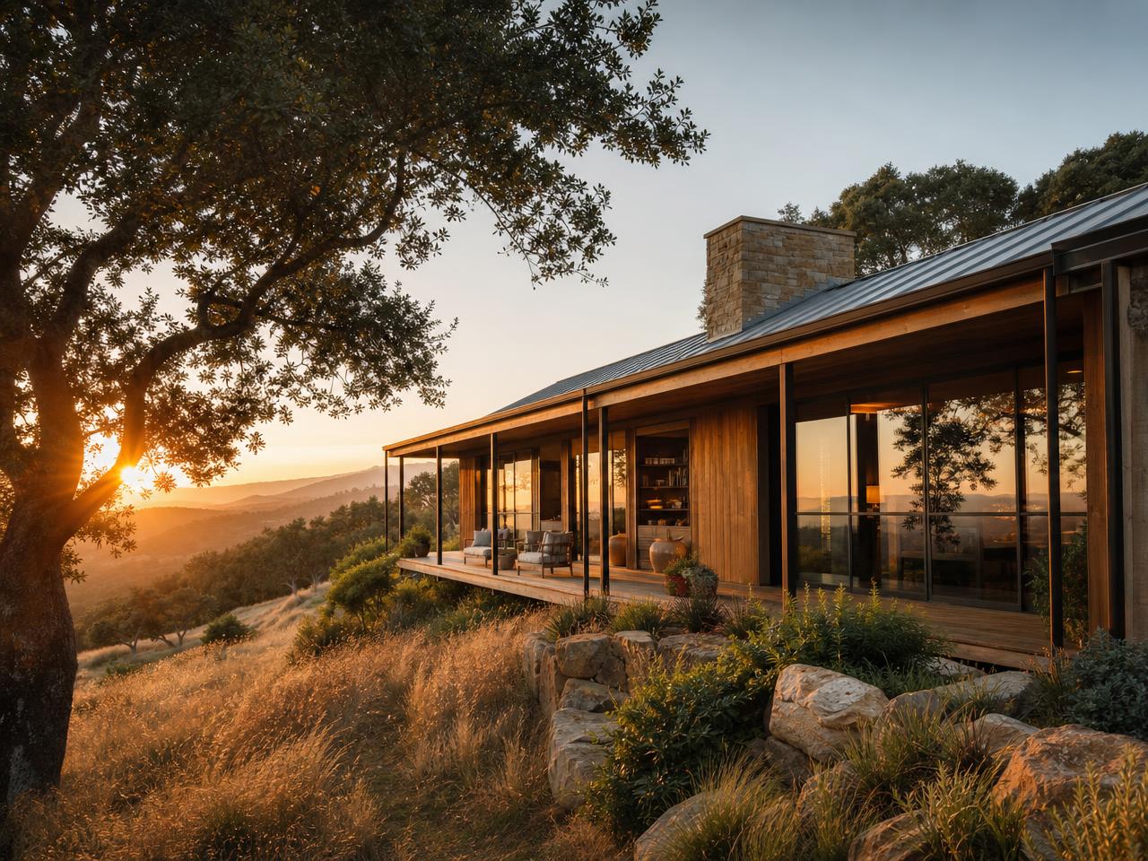 Modern retreat home with cedar and glass and a long covered porch on an oak-studded Sonoma County hillside, hazy rolling hills in the distance at golden hour