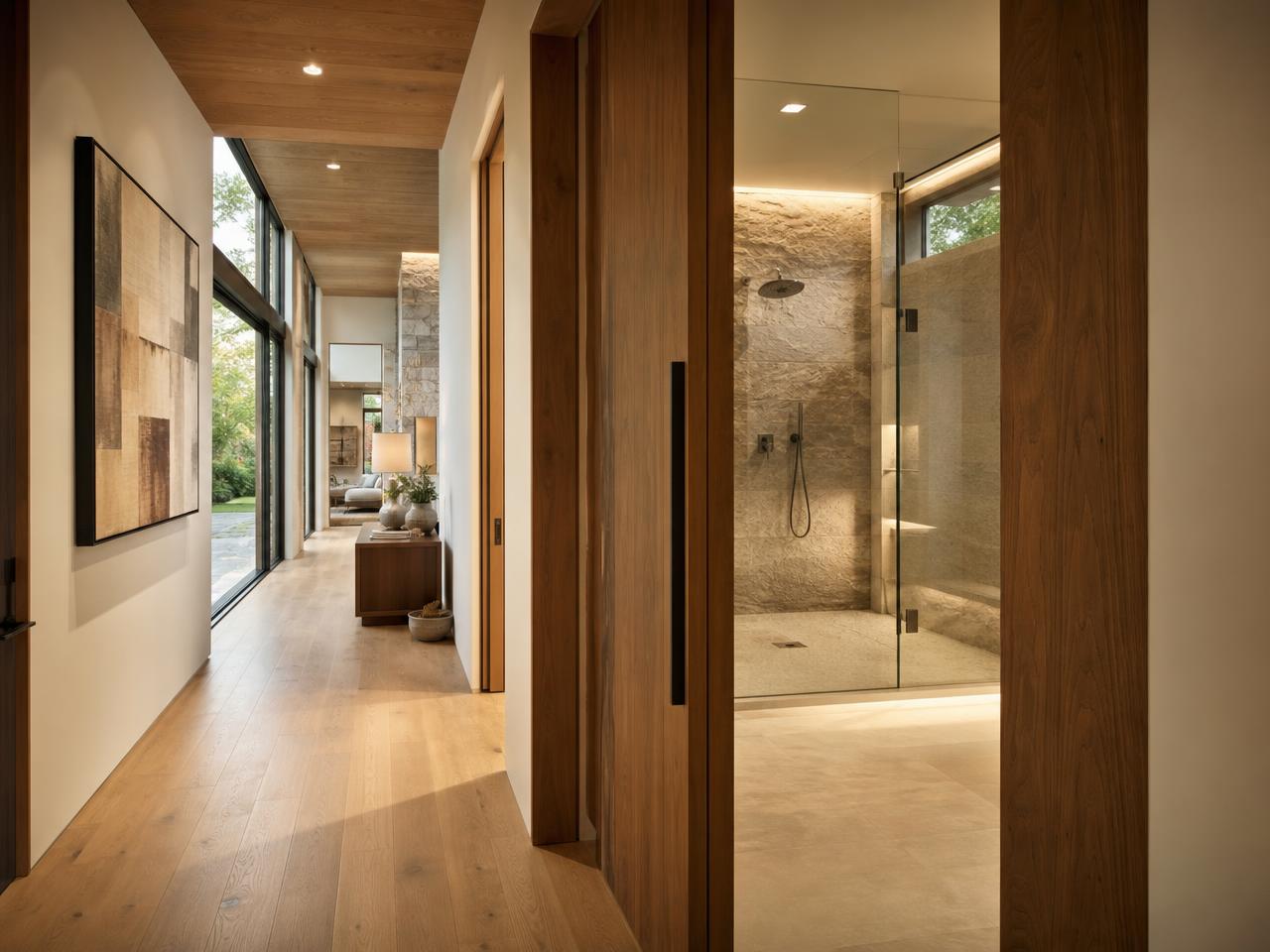 Wide hallway in a single-level modern home with warm wood and stone surfaces, natural light across the walls, and a curbless walk-in shower visible through an open doorway